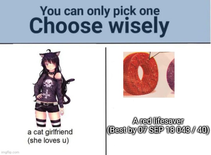Choose wisely | A red lifesaver
(Best by 07 SEP 18 043 / 40) | image tagged in choose wisely | made w/ Imgflip meme maker