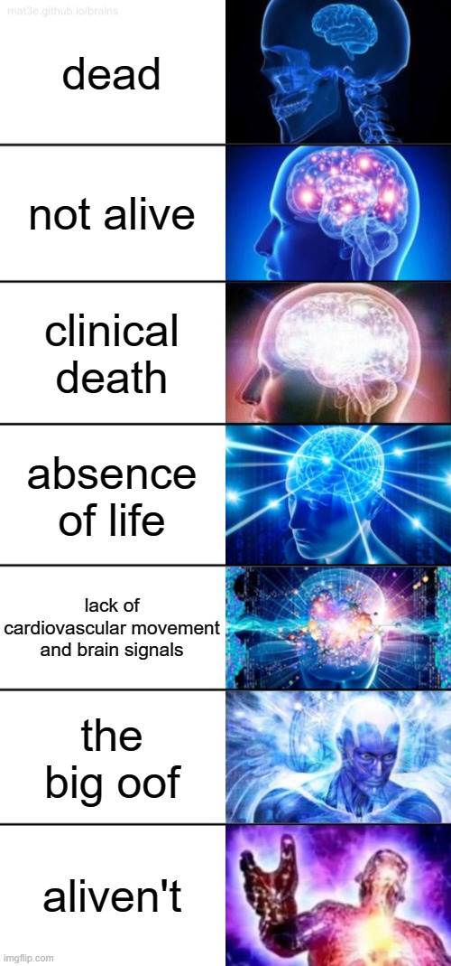 dead | dead; not alive; clinical death; absence of life; lack of cardiovascular movement and brain signals; the big oof; aliven't | image tagged in 7-tier expanding brain,dead,the big oof tm,funny kind of,not funny | made w/ Imgflip meme maker