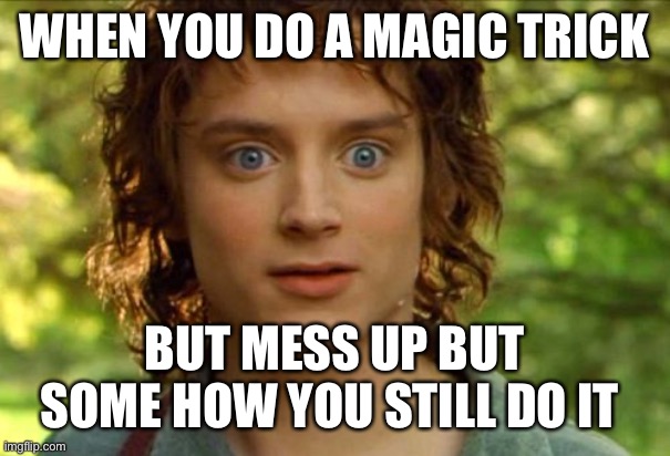 Surpised Frodo | WHEN YOU DO A MAGIC TRICK; BUT MESS UP BUT SOME HOW YOU STILL DO IT | image tagged in memes,surpised frodo | made w/ Imgflip meme maker