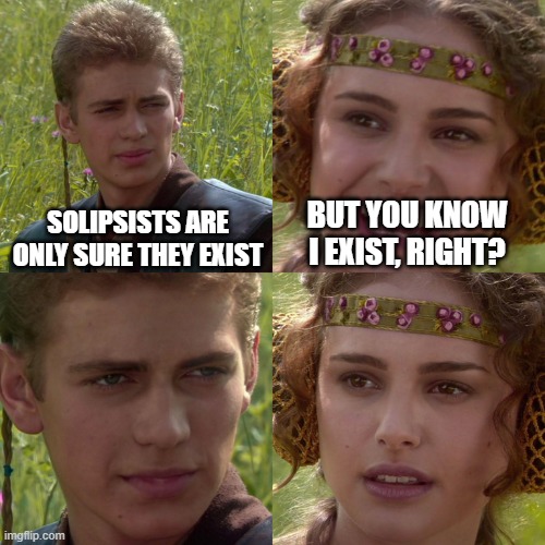 no | SOLIPSISTS ARE ONLY SURE THEY EXIST; BUT YOU KNOW I EXIST, RIGHT? | image tagged in anakin padme 4 panel | made w/ Imgflip meme maker