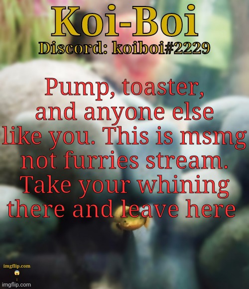 Pump, toaster, and anyone else like you. This is msmg not furries stream. Take your whining there and leave here | image tagged in rope fish template | made w/ Imgflip meme maker