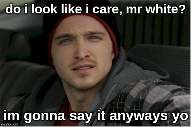 Jesse Pinkman Jesse | do i look like i care, mr white? im gonna say it anyways yo | image tagged in jesse pinkman jesse | made w/ Imgflip meme maker