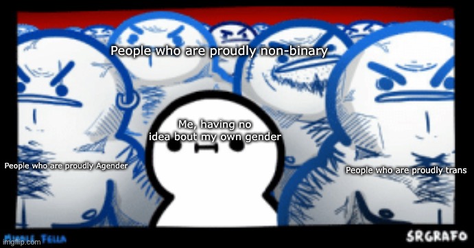 No, this wasn’t a reference to fnaf | People who are proudly non-binary; Me, having no idea bout my own gender; People who are proudly Agender; People who are proudly trans | image tagged in middle fella srgrafo | made w/ Imgflip meme maker