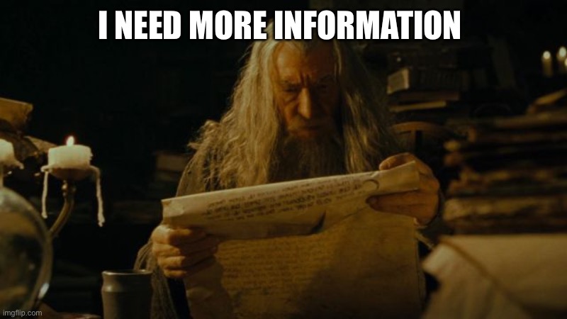 Gandalf Searching For Information | I NEED MORE INFORMATION | image tagged in gandalf searching for information | made w/ Imgflip meme maker