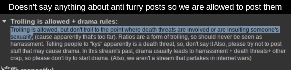 Doesn't say anything about anti furry posts so we are allowed to post them | made w/ Imgflip meme maker