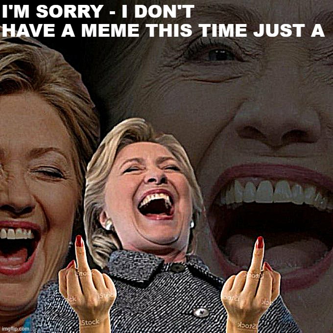Laughing Hillary Clinton with Middle Fingers | I'M SORRY - I DON'T HAVE A MEME THIS TIME JUST A | image tagged in laughing hillary clinton with middle fingers,hrc,hillary clinton,hillary clinton lol,hillary clinton laughing,clinton | made w/ Imgflip meme maker