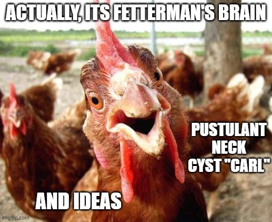 Chicken | ACTUALLY, ITS FETTERMAN'S BRAIN PUSTULANT NECK CYST "CARL" AND IDEAS | image tagged in chicken | made w/ Imgflip meme maker