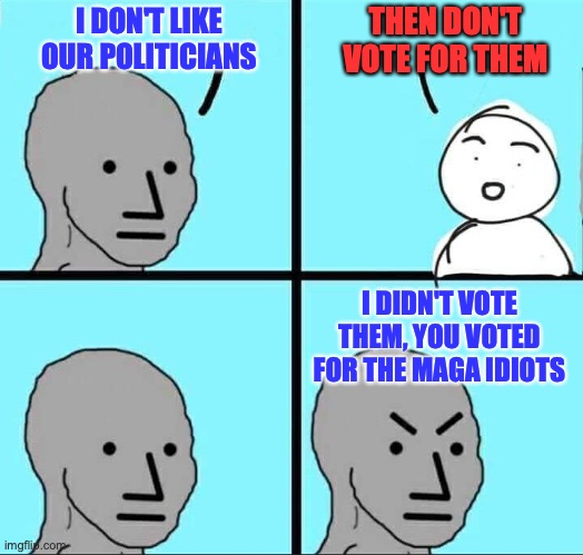 The problem is that the GOP have gone too much to the right | I DON'T LIKE OUR POLITICIANS THEN DON'T VOTE FOR THEM I DIDN'T VOTE THEM, YOU VOTED FOR THE MAGA IDIOTS | image tagged in npc meme,dump trump,no more maga,return to neoconservatism | made w/ Imgflip meme maker