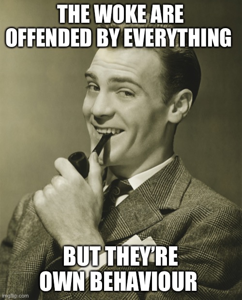 Smug | THE WOKE ARE OFFENDED BY EVERYTHING BUT THEY’RE OWN BEHAVIOUR | image tagged in smug | made w/ Imgflip meme maker