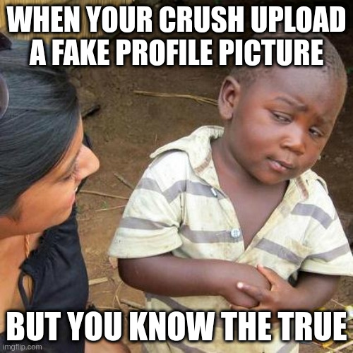 true | WHEN YOUR CRUSH UPLOAD A FAKE PROFILE PICTURE; BUT YOU KNOW THE TRUE | image tagged in memes,third world skeptical kid | made w/ Imgflip meme maker