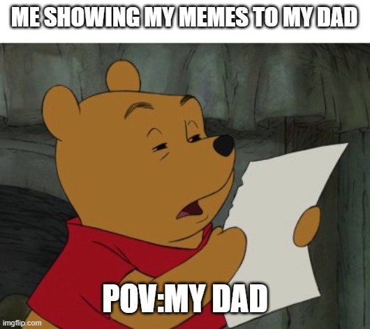 does anyone realize that what a meme is about | ME SHOWING MY MEMES TO MY DAD; POV:MY DAD | image tagged in winnie the pooh reading | made w/ Imgflip meme maker