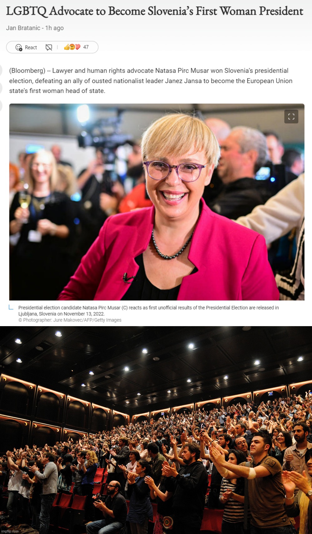 Based Slovenia | image tagged in slovenia's first woman president,standing ovation,slovenia,lgbtq,gay rights,human rights | made w/ Imgflip meme maker