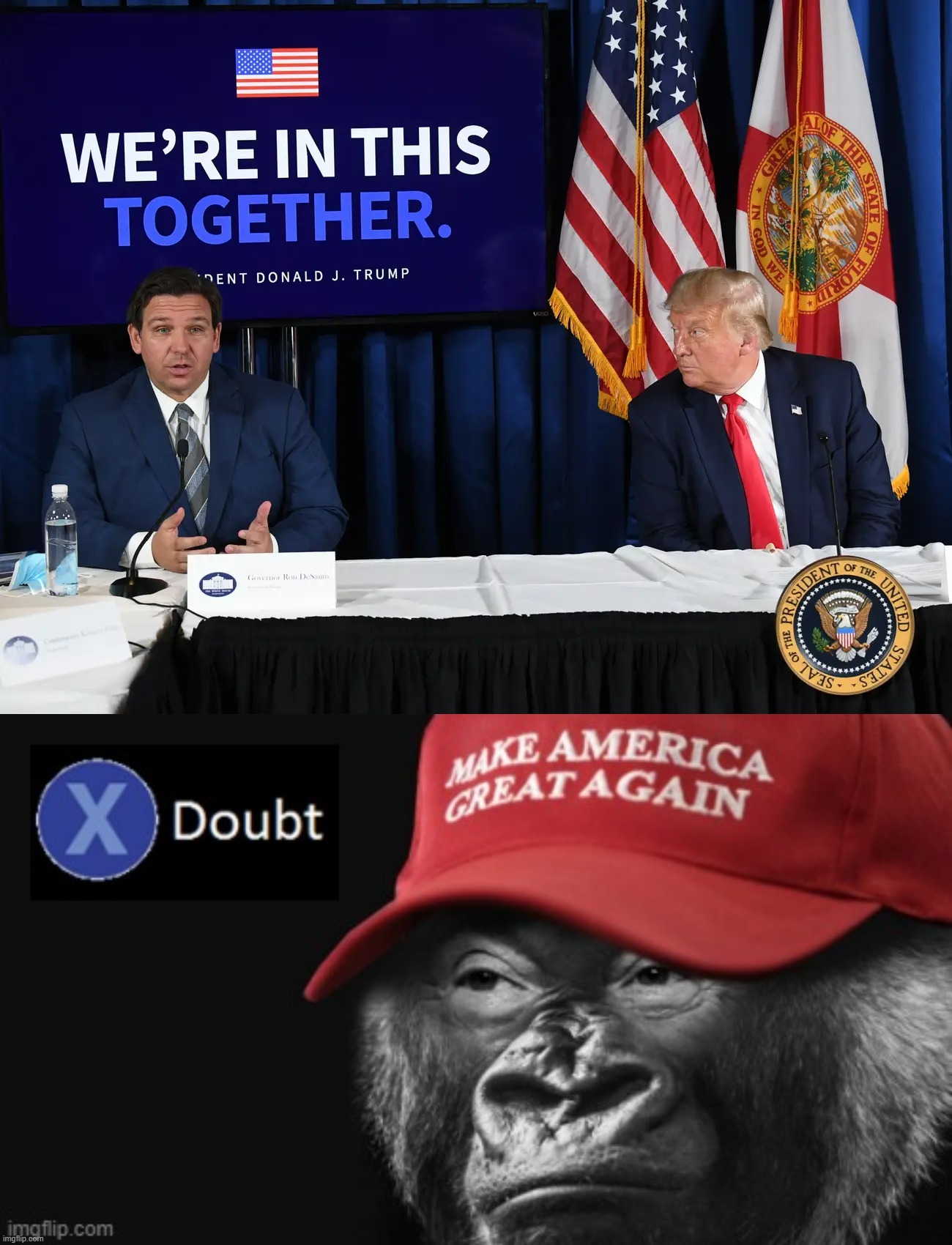 no. 'santis man bad. maga | image tagged in trump and desantis we're in this together,maga monkey x doubt,maga,desantis,man,bad | made w/ Imgflip meme maker