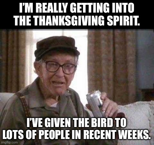 Thanksgiving Spirit | I’M REALLY GETTING INTO THE THANKSGIVING SPIRIT. I’VE GIVEN THE BIRD TO LOTS OF PEOPLE IN RECENT WEEKS. | image tagged in grumpy old man | made w/ Imgflip meme maker