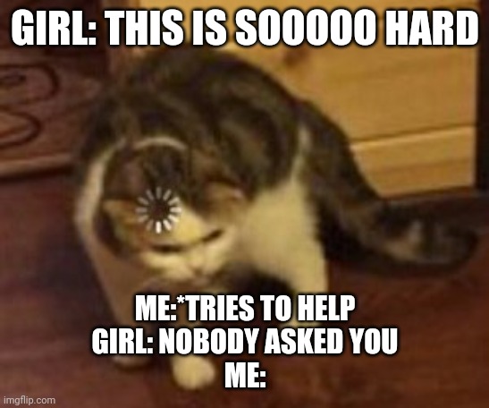 This is so true | GIRL: THIS IS SOOOOO HARD; ME:*TRIES TO HELP
GIRL: NOBODY ASKED YOU
ME: | image tagged in loading cat | made w/ Imgflip meme maker