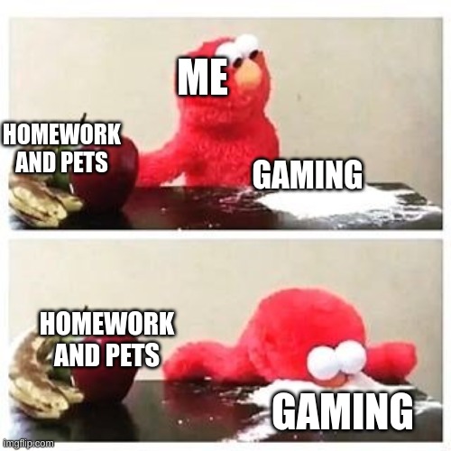 elmo cocaine | ME; HOMEWORK AND PETS; GAMING; HOMEWORK AND PETS; GAMING | image tagged in elmo cocaine | made w/ Imgflip meme maker