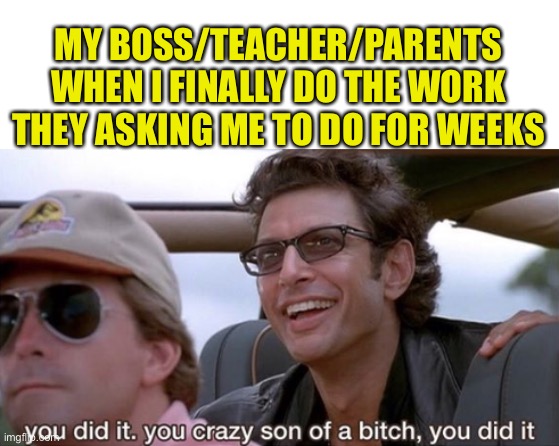 i tried to make this be relatable to all ages | MY BOSS/TEACHER/PARENTS WHEN I FINALLY DO THE WORK THEY ASKING ME TO DO FOR WEEKS | image tagged in you did it jurassic park | made w/ Imgflip meme maker
