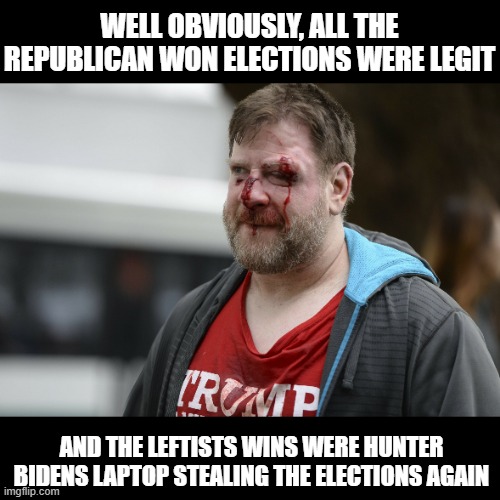 trump supporter bleeding | WELL OBVIOUSLY, ALL THE REPUBLICAN WON ELECTIONS WERE LEGIT AND THE LEFTISTS WINS WERE HUNTER BIDENS LAPTOP STEALING THE ELECTIONS AGAIN | image tagged in trump supporter bleeding | made w/ Imgflip meme maker