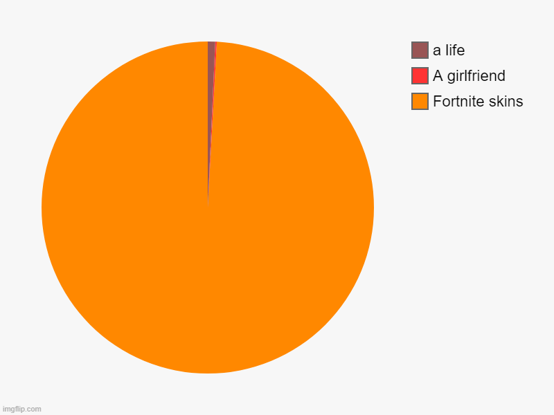 Fortnite skins, A girlfriend, a life | image tagged in charts,pie charts | made w/ Imgflip chart maker