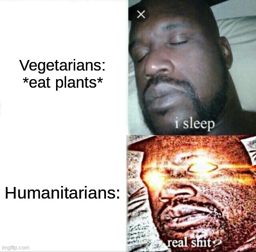 Sleeping Shaq | Vegetarians: *eat plants*; Humanitarians: | image tagged in memes,sleeping shaq | made w/ Imgflip meme maker