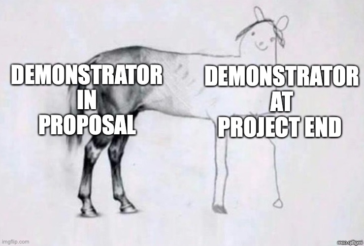 Demonstrators in research projects | DEMONSTRATOR IN PROPOSAL; DEMONSTRATOR AT PROJECT END | image tagged in horse drawing | made w/ Imgflip meme maker