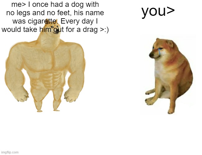 im so cool | me> I once had a dog with no legs and no feet, his name was cigarette. Every day I would take him out for a drag >:); you> | image tagged in memes,buff doge vs cheems | made w/ Imgflip meme maker