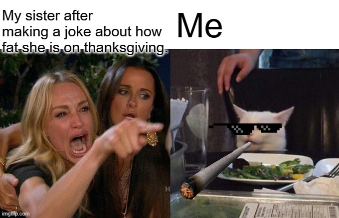 Woman Yelling At Cat Meme | My sister after making a joke about how fat she is on thanksgiving. Me | image tagged in memes,woman yelling at cat | made w/ Imgflip meme maker