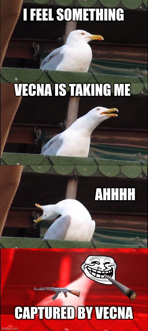 captured | I FEEL SOMETHING; VECNA IS TAKING ME; AHHHH; CAPTURED BY VECNA | image tagged in memes,inhaling seagull | made w/ Imgflip meme maker