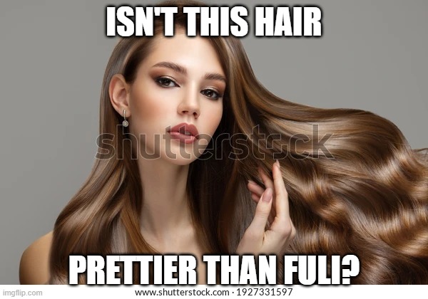 Pretty hair | ISN'T THIS HAIR; PRETTIER THAN FULI? | image tagged in pretty hair | made w/ Imgflip meme maker