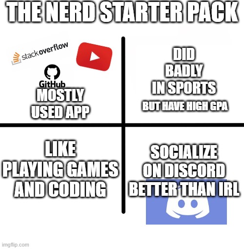 Nerd start pack | THE NERD STARTER PACK; DID BADLY IN SPORTS; MOSTLY USED APP; BUT HAVE HIGH GPA; LIKE PLAYING GAMES AND CODING; SOCIALIZE ON DISCORD BETTER THAN IRL | image tagged in memes,blank starter pack | made w/ Imgflip meme maker