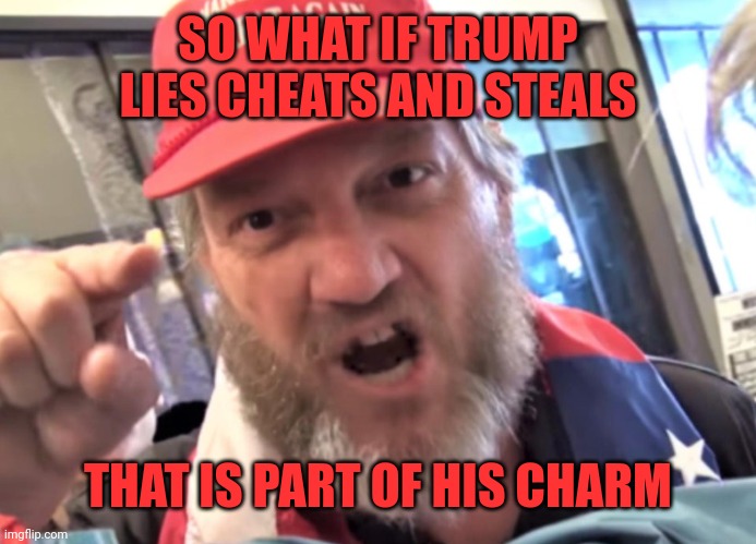 Racists gonna race | SO WHAT IF TRUMP LIES CHEATS AND STEALS; THAT IS PART OF HIS CHARM | image tagged in angry trumper maga white supremacist | made w/ Imgflip meme maker