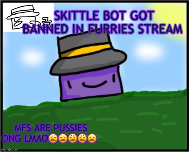 Neons Mafia template | SKITTLE BOT GOT BANNED IN FURRIES STREAM; MFS ARE PUSSIES ONG LMAO😩😩😩😩😩 | image tagged in neons mafia template | made w/ Imgflip meme maker