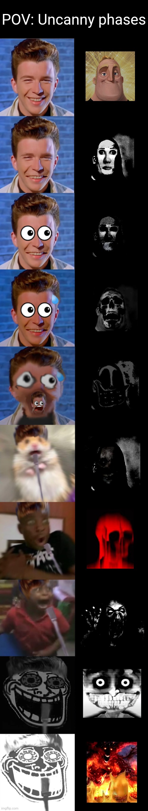 It's my opinion, which phase is scarier | POV: Uncanny phases | image tagged in rick astley becoming scared,uncanny phases,scary | made w/ Imgflip meme maker