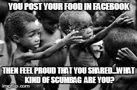 YOU POST YOUR FOOD IN FACEBOOK THEN FEEL PROUD THAT YOU SHARED...WHAT KIND OF SCUMBAG  ARE YOU? | image tagged in funny,facebook | made w/ Imgflip meme maker