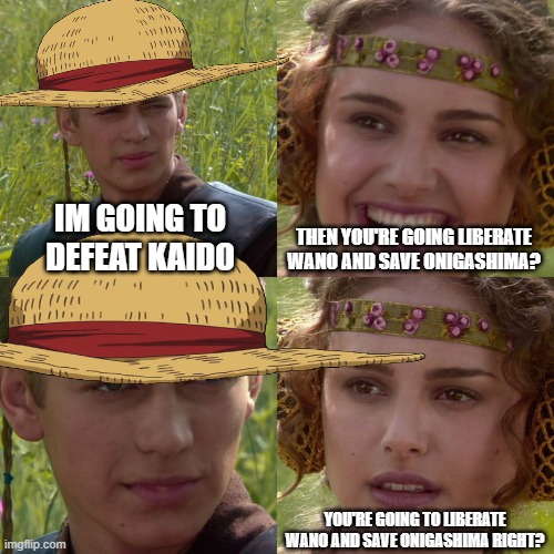 GOMU GOMU NO | IM GOING TO DEFEAT KAIDO; THEN YOU'RE GOING LIBERATE WANO AND SAVE ONIGASHIMA? YOU'RE GOING TO LIBERATE WANO AND SAVE ONIGASHIMA RIGHT? | image tagged in anakin padme 4 panel | made w/ Imgflip meme maker