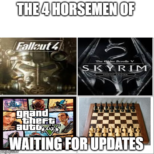 Waiting for Updates be like | THE 4 HORSEMEN OF; WAITING FOR UPDATES | image tagged in the 4 horsemen of | made w/ Imgflip meme maker