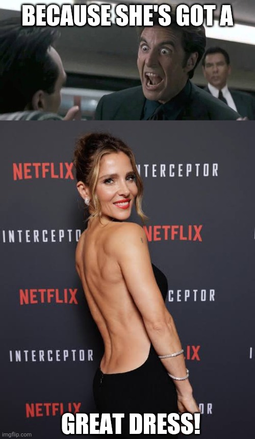Elsa Pataky's got a great dress | BECAUSE SHE'S GOT A; GREAT DRESS! | image tagged in heat,al pacino,dress | made w/ Imgflip meme maker