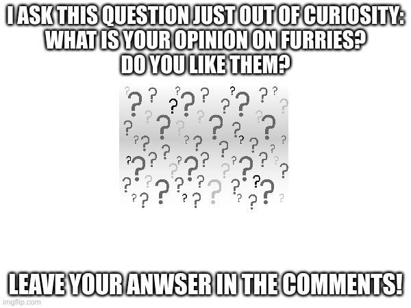 I wanna know | I ASK THIS QUESTION JUST OUT OF CURIOSITY:
WHAT IS YOUR OPINION ON FURRIES?
DO YOU LIKE THEM? LEAVE YOUR ANWSER IN THE COMMENTS! | image tagged in question,furry,oh wow are you actually reading these tags,stop reading the tags,memes,questions | made w/ Imgflip meme maker