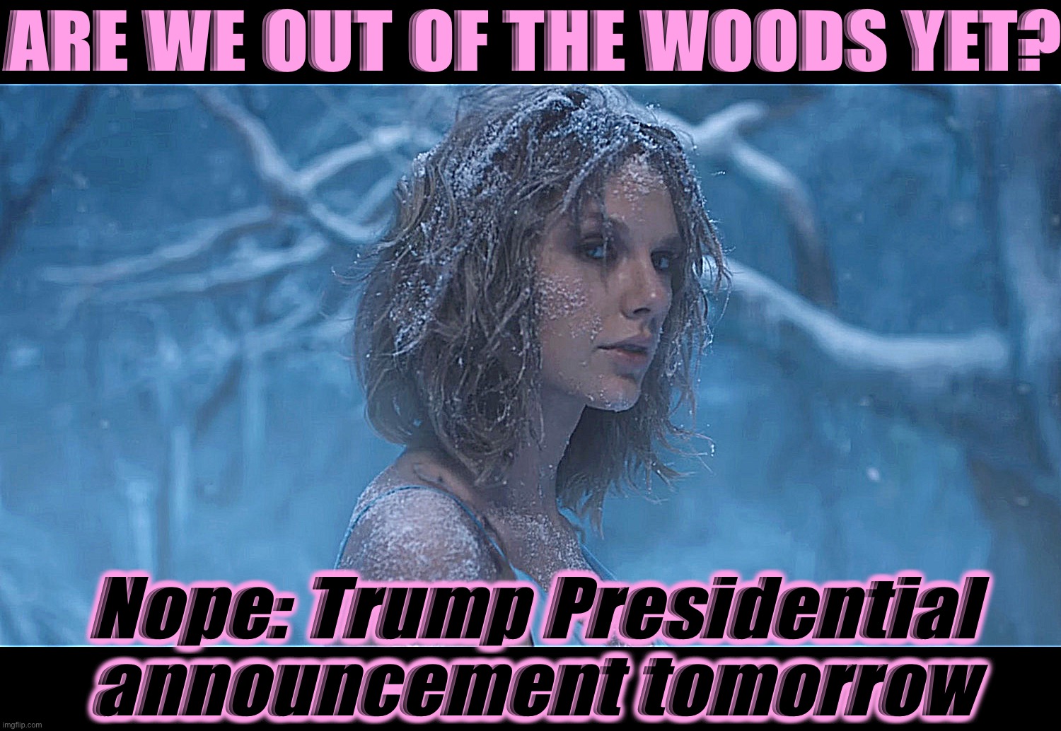 Taylor Swift out of the woods | ARE WE OUT OF THE WOODS YET? Nope: Trump Presidential announcement tomorrow | image tagged in taylor swift out of the woods | made w/ Imgflip meme maker