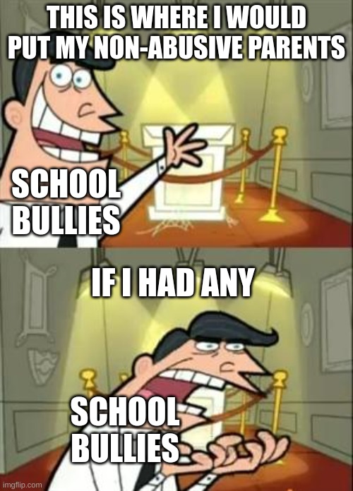 This Is Where I'd Put My Trophy If I Had One | THIS IS WHERE I WOULD PUT MY NON-ABUSIVE PARENTS; SCHOOL BULLIES; IF I HAD ANY; SCHOOL BULLIES | image tagged in memes,this is where i'd put my trophy if i had one | made w/ Imgflip meme maker