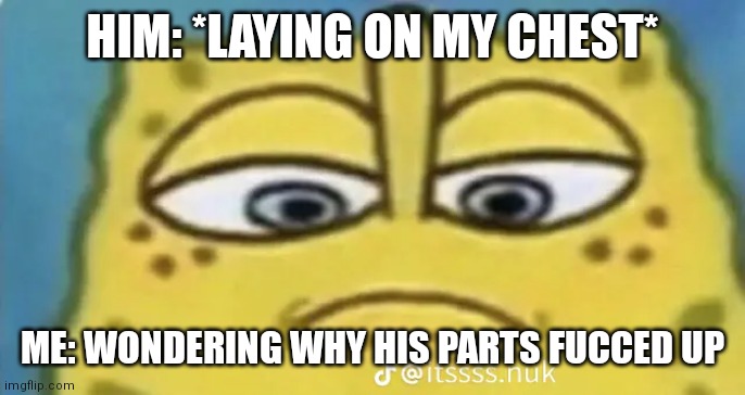 HIM: *LAYING ON MY CHEST*; ME: WONDERING WHY HIS PARTS FUCCED UP | image tagged in spongebob | made w/ Imgflip meme maker