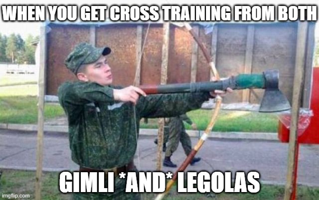 You couldn't just pick Aragorn, you wanted a hyperstatic union, not a mix. | WHEN YOU GET CROSS TRAINING FROM BOTH; GIMLI *AND* LEGOLAS | image tagged in lord of the rings,aragorn,gimli,legolas | made w/ Imgflip meme maker