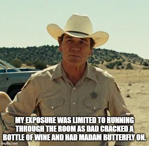 Tommy Lee Jones, No Country.. | MY EXPOSURE WAS LIMITED TO RUNNING THROUGH THE ROOM AS DAD CRACKED A BOTTLE OF WINE AND HAD MADAM BUTTERFLY ON. | image tagged in tommy lee jones no country | made w/ Imgflip meme maker