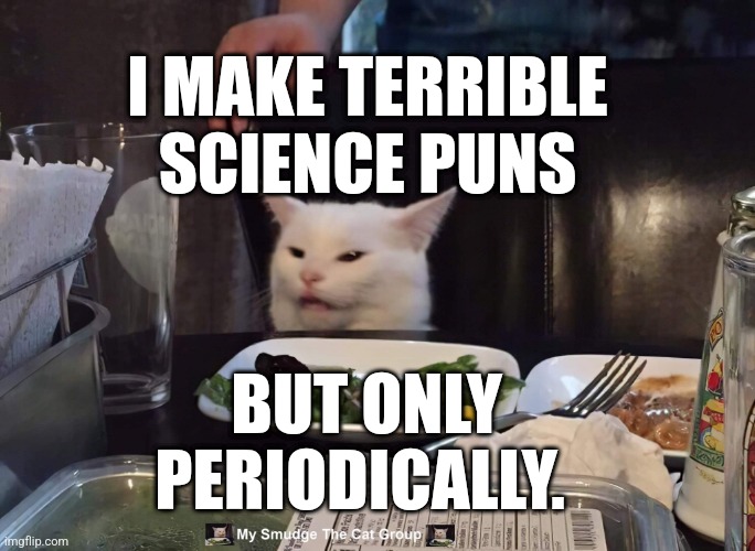  I MAKE TERRIBLE SCIENCE PUNS; BUT ONLY PERIODICALLY. | image tagged in smudge the cat | made w/ Imgflip meme maker