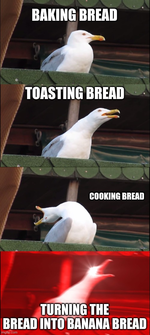 Bread is good | BAKING BREAD; TOASTING BREAD; COOKING BREAD; TURNING THE BREAD INTO BANANA BREAD | image tagged in memes,inhaling seagull | made w/ Imgflip meme maker