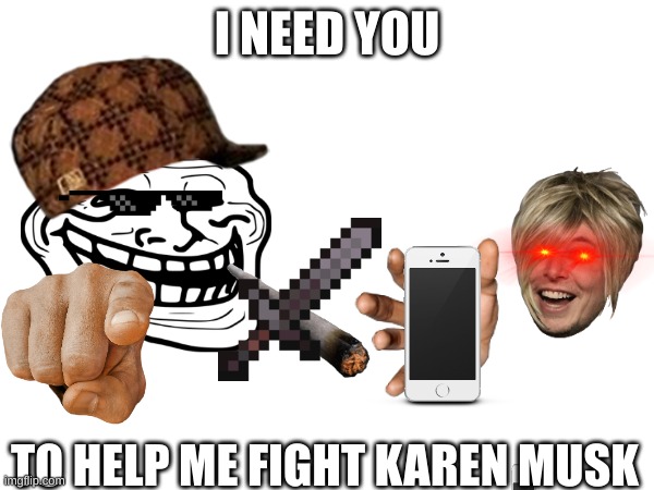 I NEED YOU; TO HELP ME FIGHT KAREN MUSK | image tagged in troll face | made w/ Imgflip meme maker