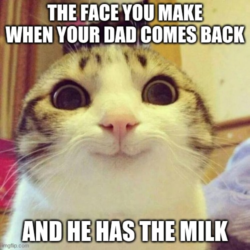 Smiling Cat Meme | THE FACE YOU MAKE WHEN YOUR DAD COMES BACK; AND HE HAS THE MILK | image tagged in memes,smiling cat | made w/ Imgflip meme maker