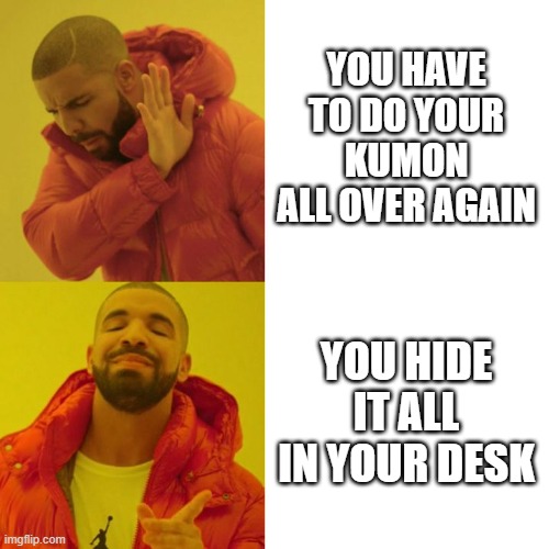 Drake Blank | YOU HAVE TO DO YOUR KUMON ALL OVER AGAIN; YOU HIDE IT ALL IN YOUR DESK | image tagged in drake blank | made w/ Imgflip meme maker