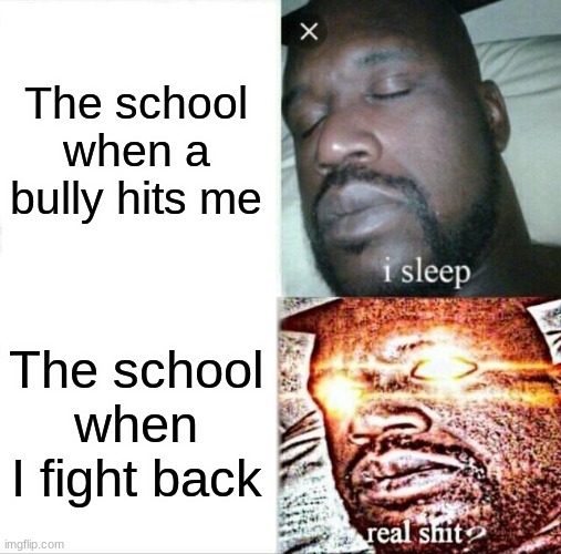 Can it be more relatable | The school when a bully hits me; The school when I fight back | image tagged in memes,sleeping shaq,funny,bully,fight back,teacher | made w/ Imgflip meme maker