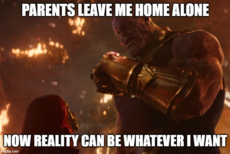 Home Alone |  PARENTS LEAVE ME HOME ALONE; NOW REALITY CAN BE WHATEVER I WANT | image tagged in now reality can be whatever i want | made w/ Imgflip meme maker